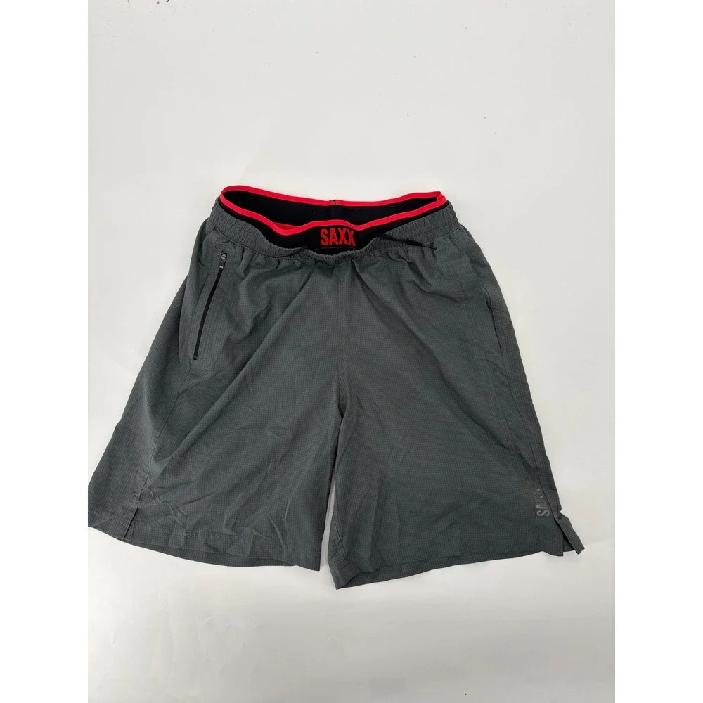 SAXX Kinetic Train 2N1 Shorts Mens Medium Gray Red BallPark Pouch Athletic Gym